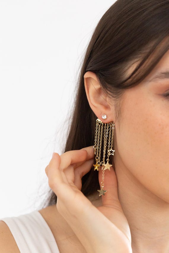 Gold Dangle Star Earrings, Womens Celestial Jewellery, Bohemian Earrings, Long Drop Earrings, Statement Earrings