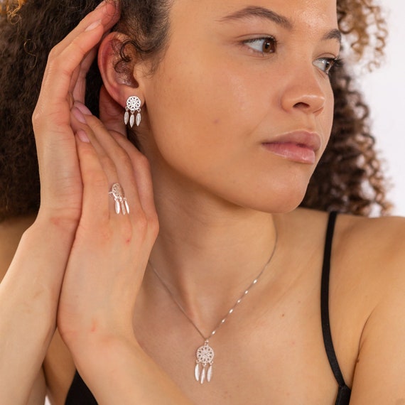 Silver Plated Dream Catcher Ring, Stud And Necklace Set