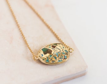 Womens Stylish Gold Plated Turquoise NECKLACE, Eye Catching Night Out Gemstone Necklace, Eyecatching Party Jewelry Woman