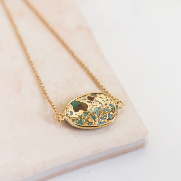 Womens Stylish Gold Plated Turquoise NECKLACE, Eye Catching Night Out Gemstone Necklace, Eyecatching Party Jewelry Woman