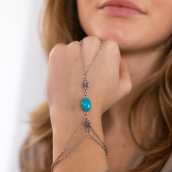 Silver And Turquoise Hand Chain