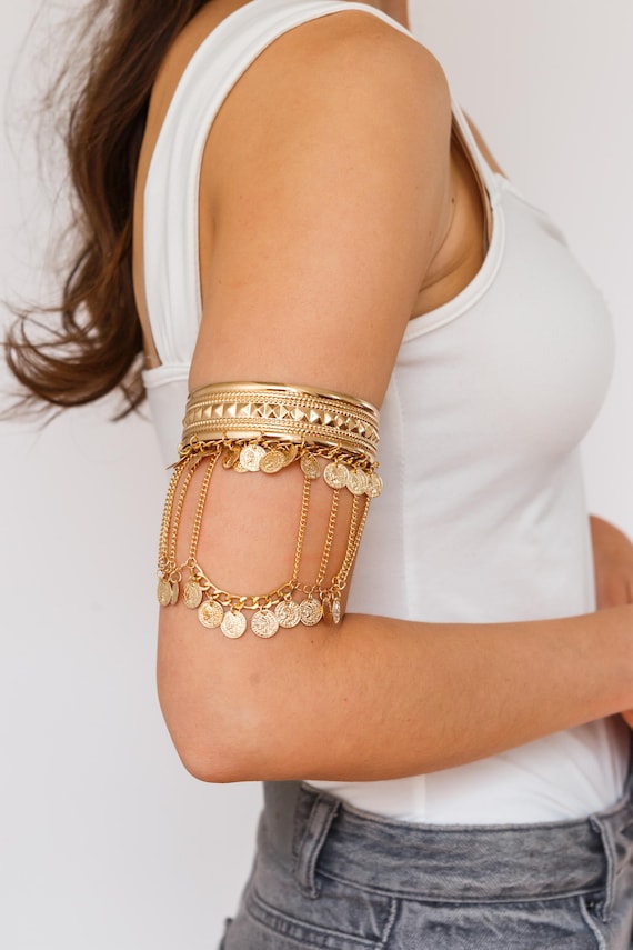 Gold Coin Draped Upper Arm Cuff, Adjustable Boho Armlet, Festival Arm Cuff