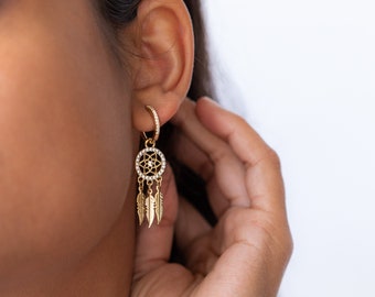 Womens Gold Plated Dreamcatcher Earrings, Eyecatching Dreams Dangly Earrings, Statement Evening Jewelry, Striking Evening Dinner Earrings