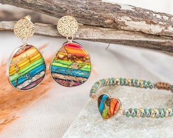 Womens Imperial Jasper Earrings And Bracelet Set, Colorful Girls Mineral Jewellery, Relaxed Beach Style Jewelry Woman, Unique Gift Under 30