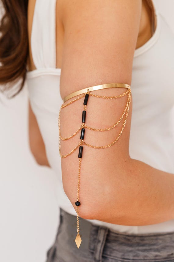 Gold Chain Black Arm Cuff, Draped Boho Armlet, Adjustable Upper Arm Jewellery