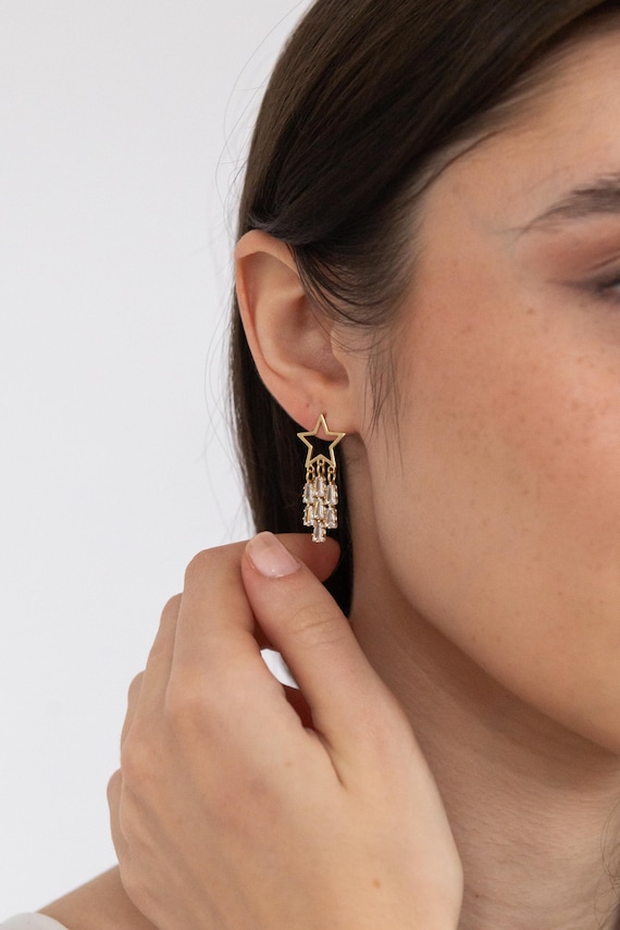 Womens Gold Shooting Star Drop Earrings, Celestial Earrings, Sparkly Evening Earrings, Boho Jewelry,  Festival Jewellery, Statement Earrings