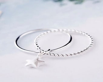 Dainty Sterling Silver STAR Ring Set, Girls Stackable 925 Silver Night Sky Band, Womens Twinkle Little Star Jewelry, Friend Pregnancy Gift