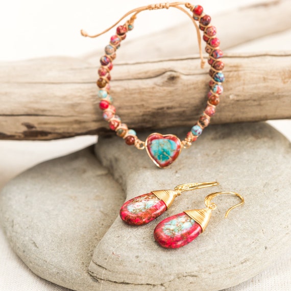Women’s Woven Jasper Stone Earrings & Heart Bracelet Set, Handmade Bohemian Jewellery, Gypsy Style Jewelry Set, Women's Christmas Gift