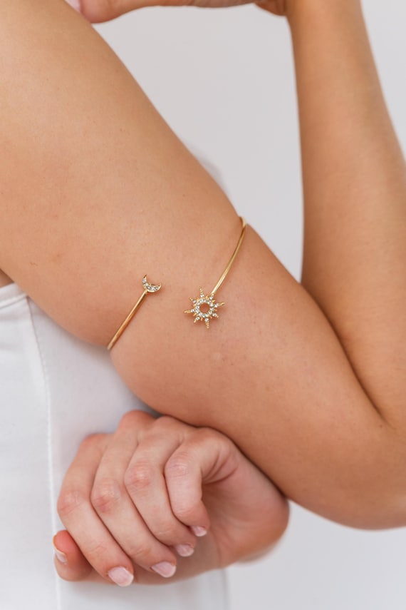 Gold Celestial Upper Arm Cuff – Adjustable Gold Armlet, Moon & Star Body Jewellery