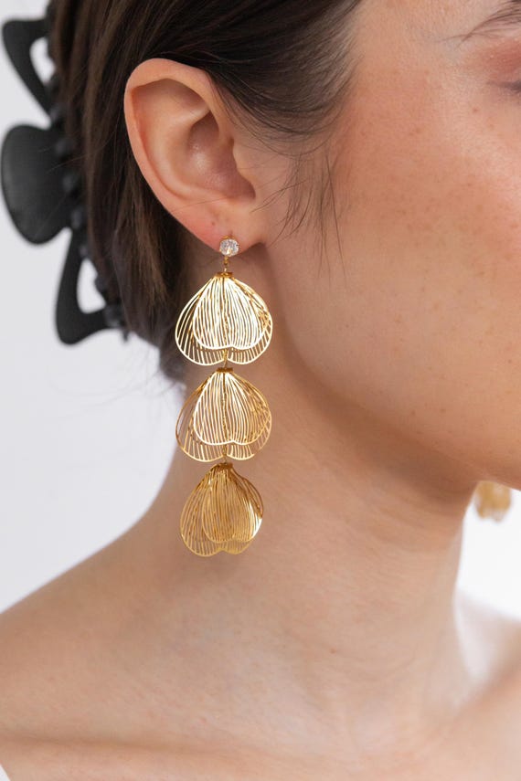 Womens Long Ginkgo Earrings, Gold Plated Statement Earrings, Boho Leaf Earrings, Evening Earrings, Unique Jewellery Gift, Mother Day Gift
