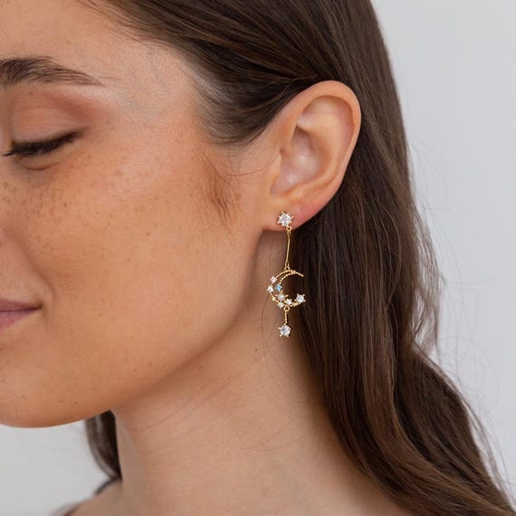 Gold Celestial Moon and Star Earrings, Womens Party Earrings, Bohemian Jewelry, Sparkly Moon Jewellery, Christmas Earring Gift For Her