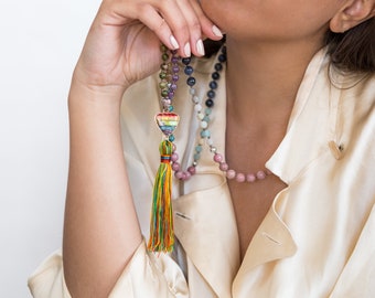 Women’s Long Bohemian GEMSTONE Necklace, Gypsy Style Chakra Statement Pendant, Handmade Beaded Jewellery, Colorful Bright Necklace