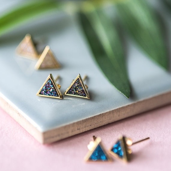 Druzy Triangle Gold Stud Earrings