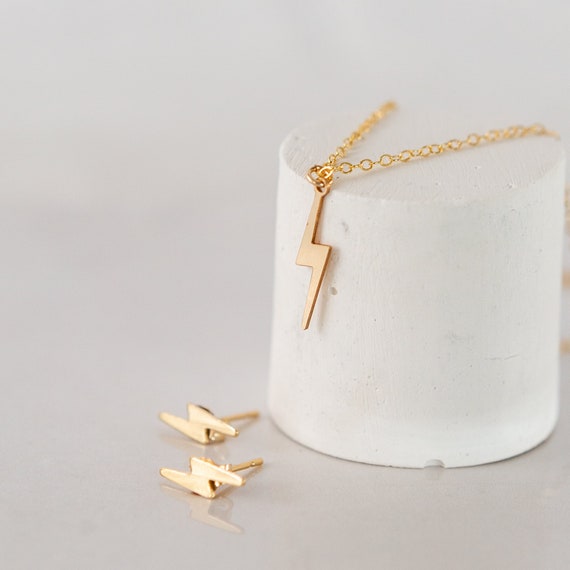 14k Gold Filled Lightning Necklace & Stud Earrings Set