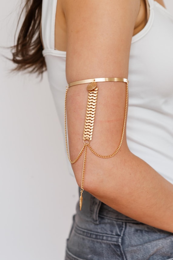 Gold Egyptian Style Chain Draped Upper Arm Cuff, Adjustable Boho Armlet, Festival Arm Cuff