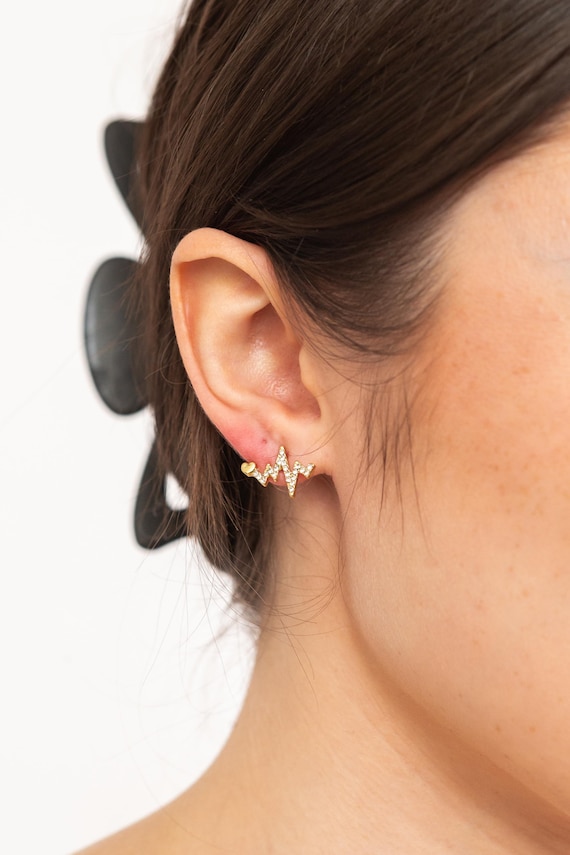 Womens Heart Beat Stud Earrings, Romantic Gift, Gold Sparkly Earrings, Love Heart Jewellery, Valentines Earrings, Mother's Day Jewellery,