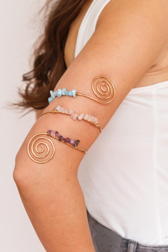 Bohemian Gold Plated Upper Arm Cuff | Crystal & Semi-Precious Stone Arm Bracelet | Adjustable Armlet Jewellery