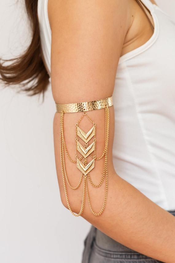 Gold Chunky Draped Upper Arm Cuff, Adjustable Boho Armlet, Festival Body Jewellery