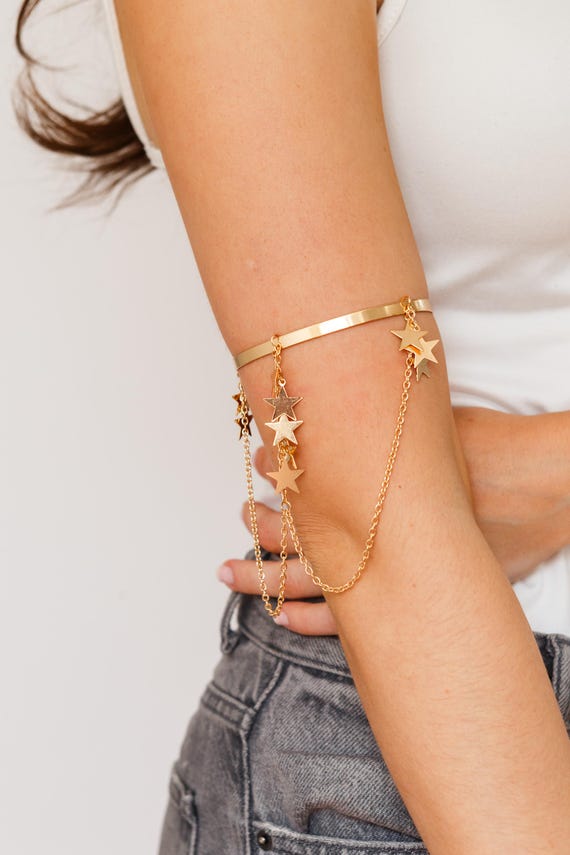 Gold Star Upper Arm Cuff • Draped Chain Celestial Bracelet
