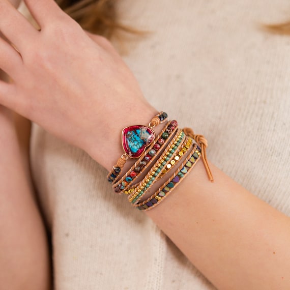 Natural Jasper Love Heart Stone Wrap Bracelet