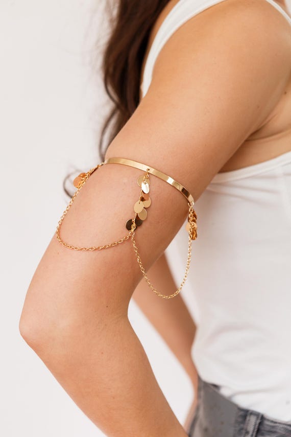 Gold Chain Draped Upper Arm Cuff, Adjustable Boho Armlet, Festival Arm Cuff