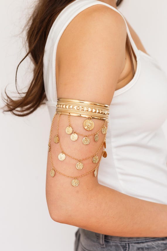 Gold Coin Layered Upper Arm Cuff, Adjustable Boho Armlet, Festival Body Jewellery