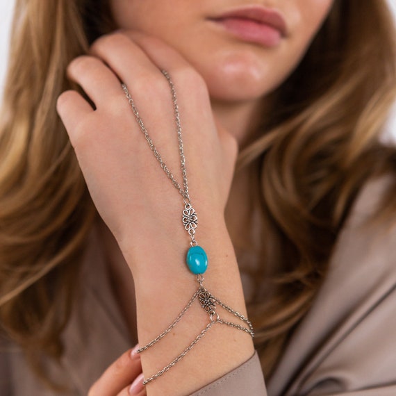 Silver And Turquoise Hand Chain