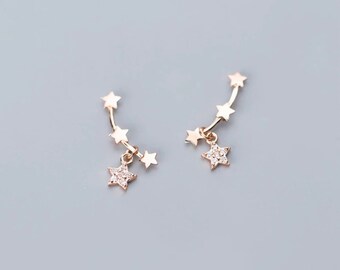 Women's Sterling Rose Gold Star Climber EARRINGS, Dainty 925 Silver Space Star Earrings, Real Silver Celestial Jewelry