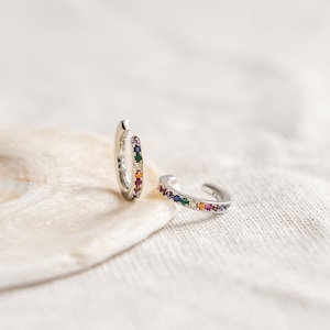 Womens Silver Rainbow CZ Crystal Cuff EARRINGS, Cute Girls Climber Gemstone Stud Earrings, Handmade Jewelry Under 30