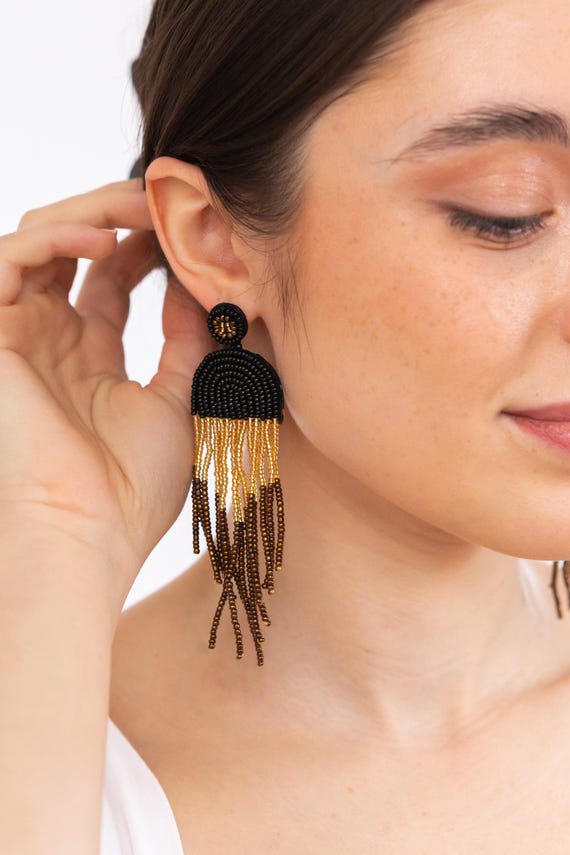 Bohemian Beaded Tassel Statement Earrings, Women's Long Evening Earrings, Tribal Jewellery, Summer Accessory, Unique Jewellery Gift