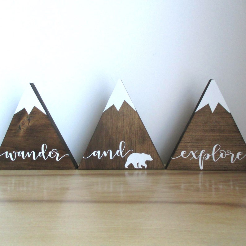 Set of 3.  Woodland nursery decor.  Wooden mountains with bear shelf sitters.  Woodland baby shower decor, baby shower gift, nursery 