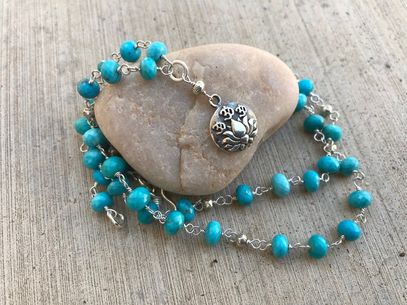 Micro faceted TURQUOISE rondelles beaded necklace wire wrapped with sterling silver wire