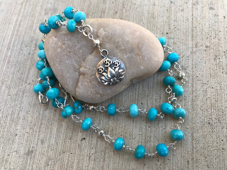 Micro faceted TURQUOISE rondelles beaded necklace wire wrapped with sterling silver wire