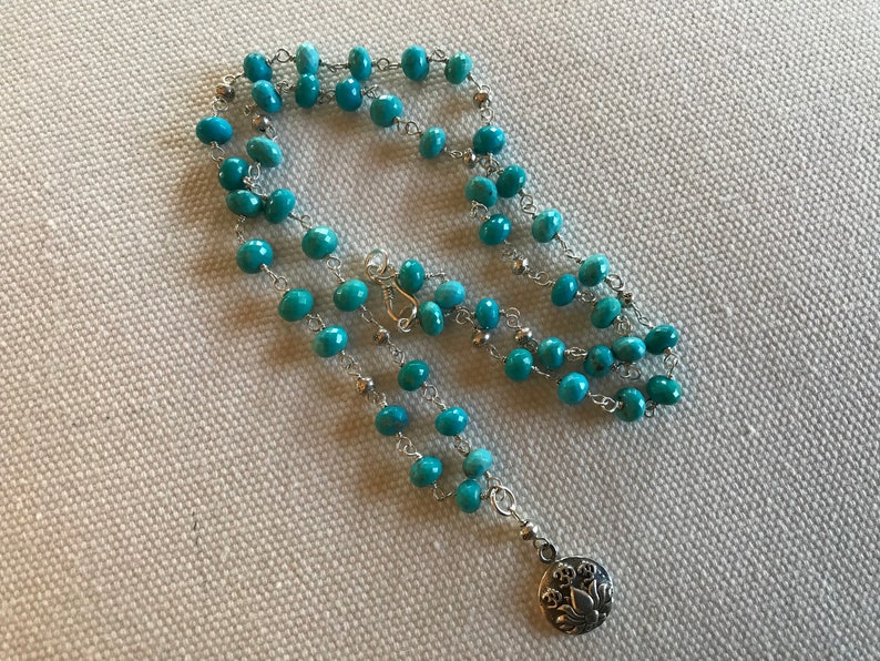 Micro faceted TURQUOISE rondelles beaded necklace wire wrapped with sterling silver wire