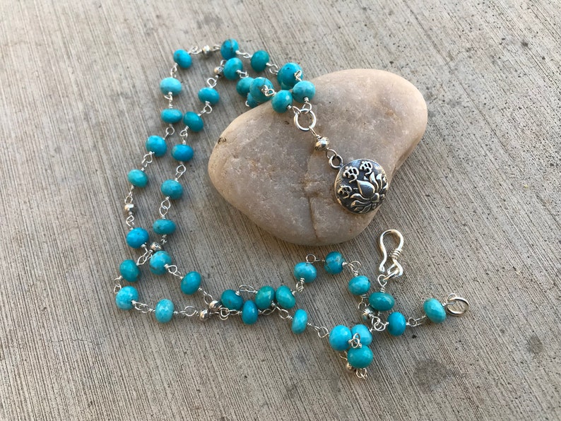 Micro faceted TURQUOISE rondelles beaded necklace wire wrapped with sterling silver wire