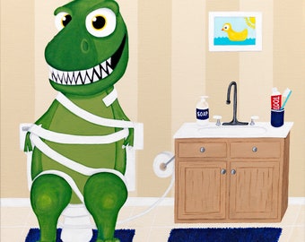 Aluminum, TP Trex, Dinosaur painting, T-Rex with technical difficulties in the bathroom, Kids bathroom, bathroom painting