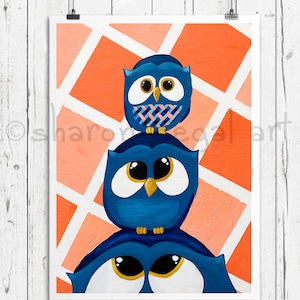 Family Time Owls print, Family Time blue owls matted print, Kids decor, Nursery art, Bathroom art, Owl decor, Owl gift image 1