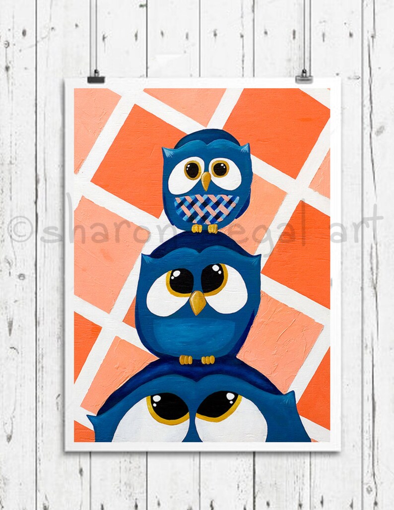 Family Time Owls print, Family Time blue owls matted print, Kids decor, Nursery art, Bathroom art, Owl decor, Owl gift image 1