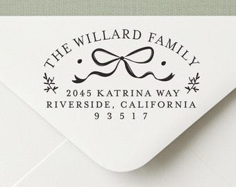 Bow Address Stamp #39 – Elegant Return Address Stamp – Personalized Holiday or Everyday Use – Wood or Self-Inking – Includes Handle