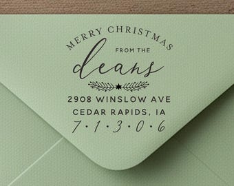 Holiday Return Address Stamp #32 – Christmas Address Stamp – Personalized Merry Christmas Gift – Wood or Self-Inking – Includes Handle