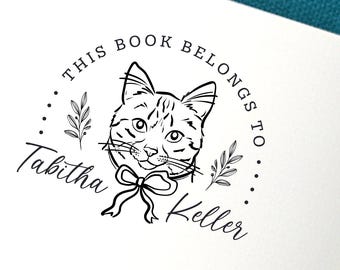Holiday Library Stamp #4 – Custom Pet Illustration with Bow – Personalized Ex Libris Stamp – Wood or Self-Inking – Gift for Book Lovers