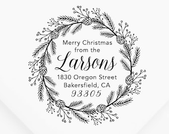 Holiday Return Address Stamp #26 - Wooden or Self-Inking - Christmas Address Stamp, Envelope Stamp - Wreath - Personalized - INCLUDES HANDLE