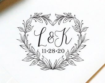 Monogram Stamp #51 - Wooden or Self-Inking - Calligraphy - Wreath Stamp, Wedding Stamp, Wedding Favor - Personalized — INCLUDES HANDLE