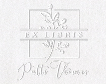 May include: A white embossed stamp featuring a floral design and the text "Ex Libris" above the name "Patti Thomas".