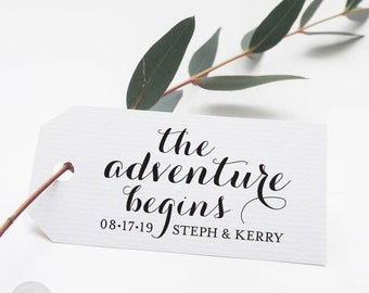 Sello de agradecimiento n.° 9 - De madera o autoentintable - Caligrafía - Comienza la aventura - Sello de recuerdo de boda - Personalizado - INCLUYE ASA