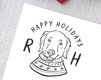 Christmas Monogram Stamp #1 – Custom Dog Illustration – Happy Holidays Stamp – Personalized Initials – Wood or Self-Inking