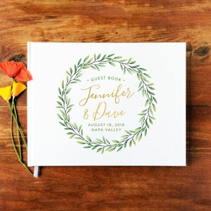 Botanische krans bruiloft-gastenboek – aangepast hardcover gastenboek – liggend inlogboek bruiloft – gepersonaliseerd trouwboek – ontwerp #18