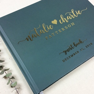 Gold Foil Wedding Guest Book – Heart Design Personalized Hardcover – Custom Wedding Sign-In Book with Names & Date – Design #28