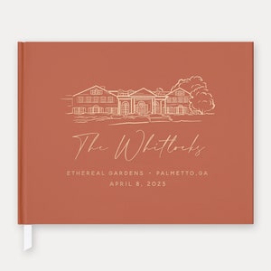 Foil Wedding Guest Book #57 - Custom Venue Illustration - Watercolor Wedding Venue Guestbook, Horizontal Guest Book, Hardcover Guestbook