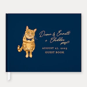 Foil Wedding Guest Book #48 - Custom Pet Illustration - Watercolor Dog Cat Wedding Guestbook, Horizontal Guest Book, Hardcover Guestbook